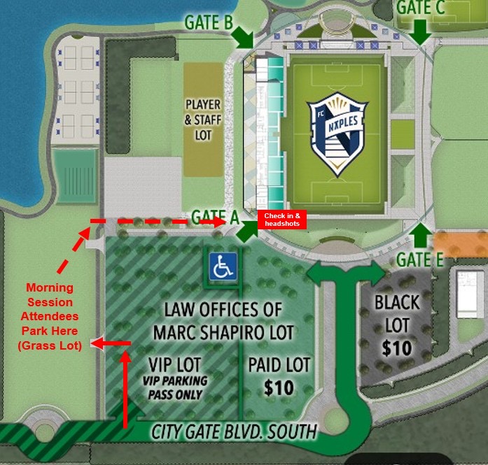 Paradise Coast Sports Complex parking map — Green Lot and Grass Overflow Lot